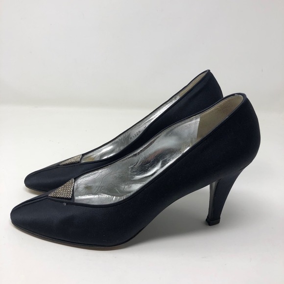 Vintage YSL Yves Saint Laurent Pumps Heels Womens 8 Black Satin Rhinestone - Picture 5 of 15